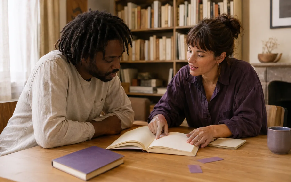 An online book discussion with a reading professional visible on screen